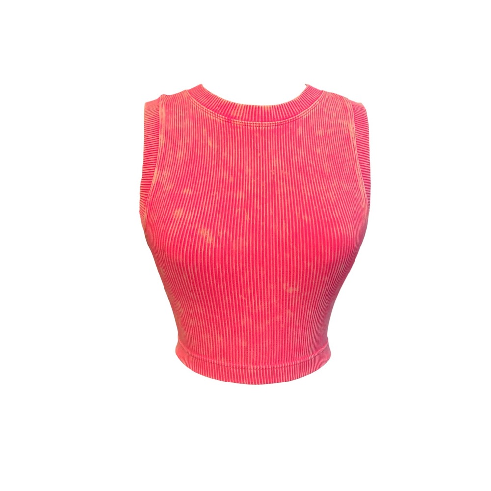 Zenana Neon Pink Ribbed Acid Wash Sleeveless Crop Top Tank‎